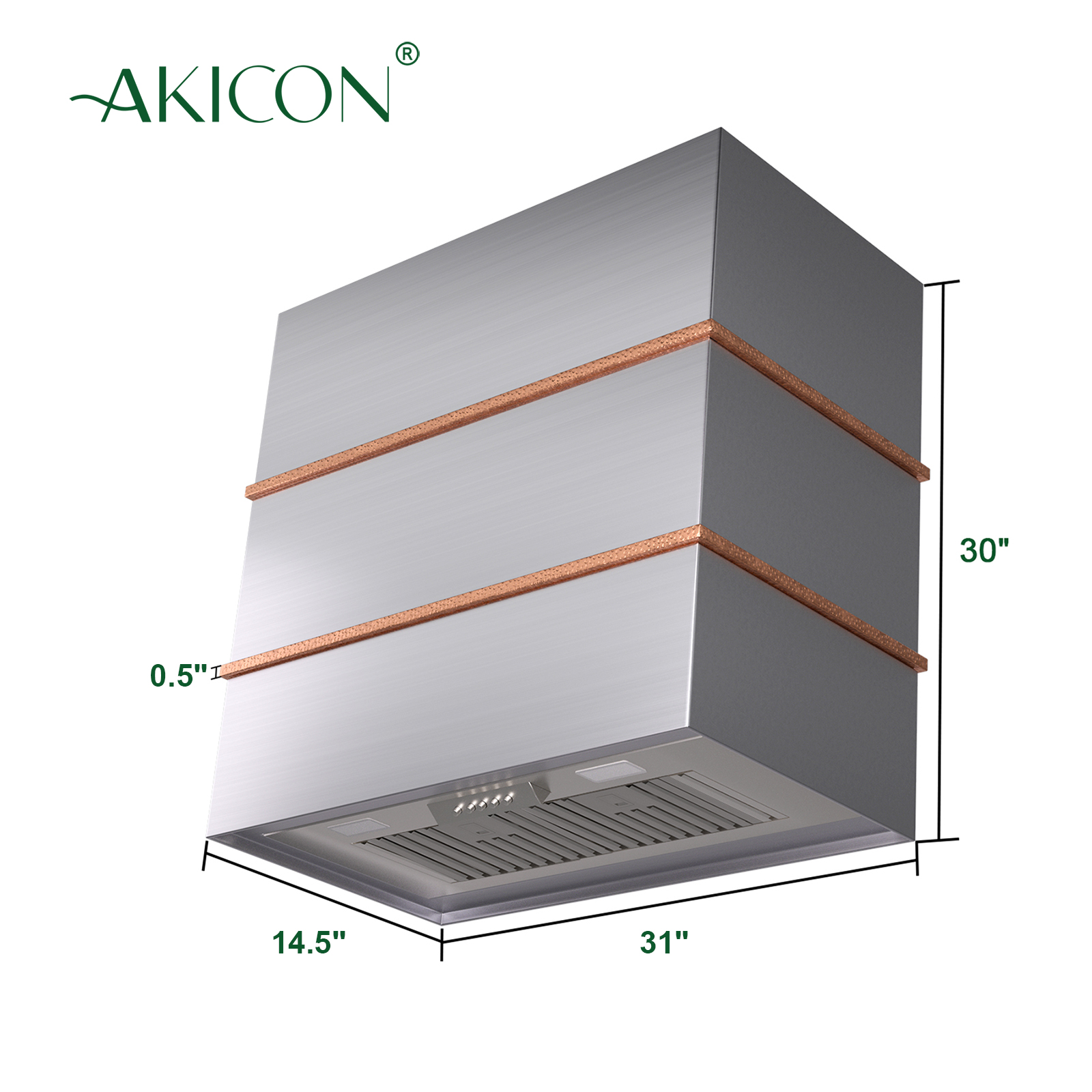 Akicon 30 inch Kitchen Range Hood with 600 CFM, Stainless steel Range Hood, Wall Mounted Range Hood, 3 Speed Fan with LED Light, Powerful Vent Motor, Brushed Stainless with Copper