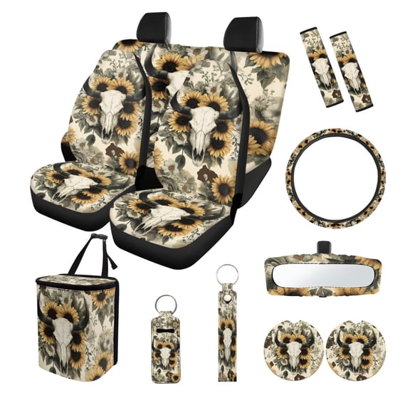 LedBack Cow Skull Print Car Interior Cover Set of 13 Sunflower Print Front and Rear Split Bench Seat Covers with Steering Wheel Cover Safety Belt Pads Garbage Bag for Most Vehicles