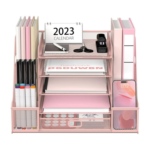 INTIGE 5-Tier Metal Mesh Desk Document Organizer with File Holder, Pen Holder and Drawer, Pink