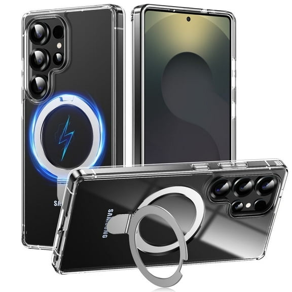 for Samsung S25 Ultra Magnetic Case Clear with Ring Holder Metal Stand Invisible Kickstand [Compatible with Magsafe], Transparent Protective Phone Cover for Samsung S25 Ultra