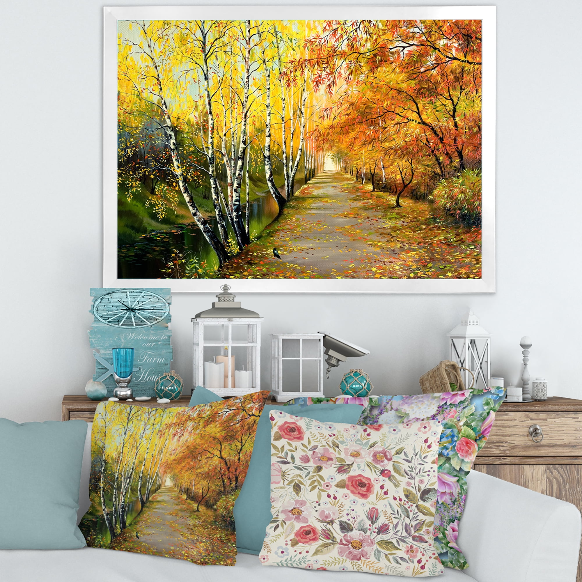 Designart 'Path Through The Autumn Woods Along River' Traditional Framed Art Print