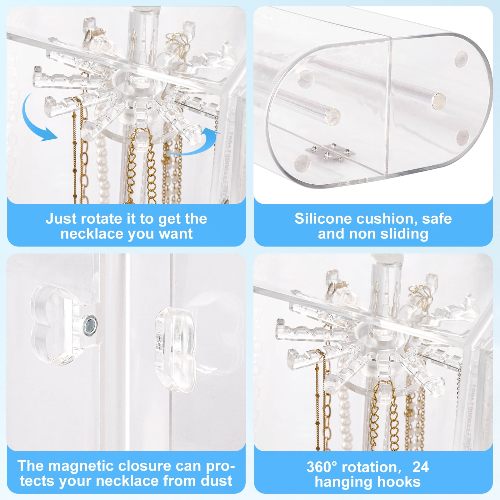 Haturi Acrylic Necklace Holder, Clear Necklace Organizer with 24 Hooks, Dustproof Rotation Jewelry Storage Holder Stand, Long Necklaces Pendant Bracelets Display Case