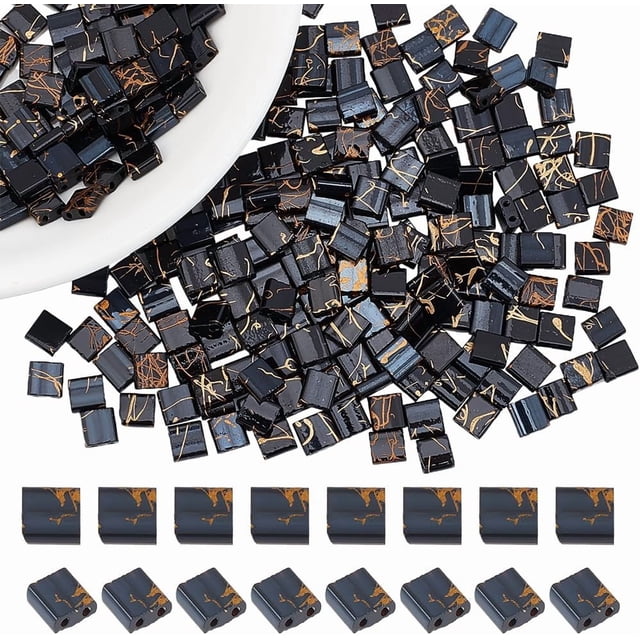 300 Pcs Perles 2 Trous 4.5-5x5mm Perles de Verre Noir Rectangle Espaceur pour Design de Bijoux