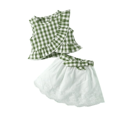 

CHEEREAM Kids Girls Toddler Girls Clothing Plaid Print T Shirt Top + Solid Color Shorts with Bowknot Cute Skirts Summer Short Set