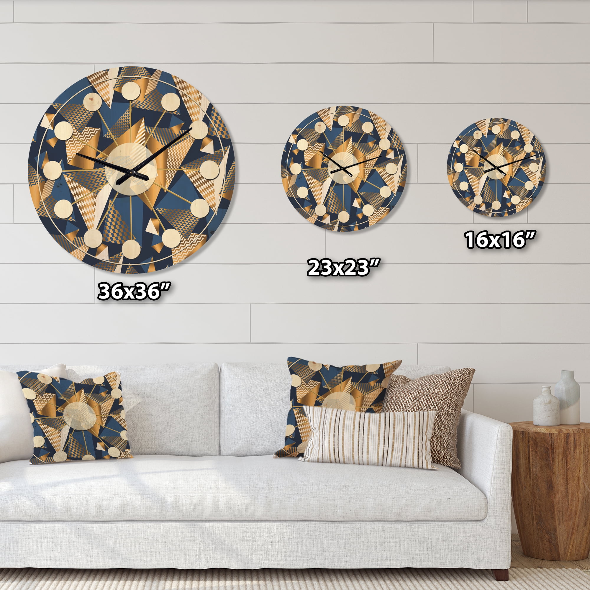 Designart 'Blue and Gold Cubes' Mid-Century Modern Wood Wall Clock
