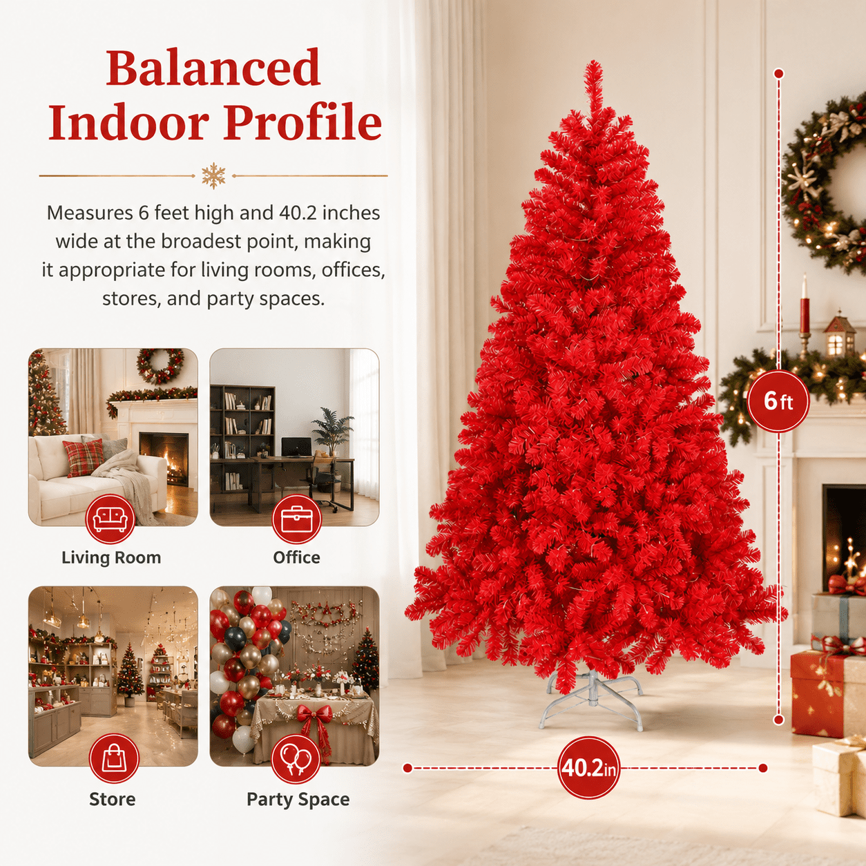 Alvantor 6 ft Red Unlit Artificial Christmas Tree with 800 PVC Branch Tips, Hinged Design and Metal Stand