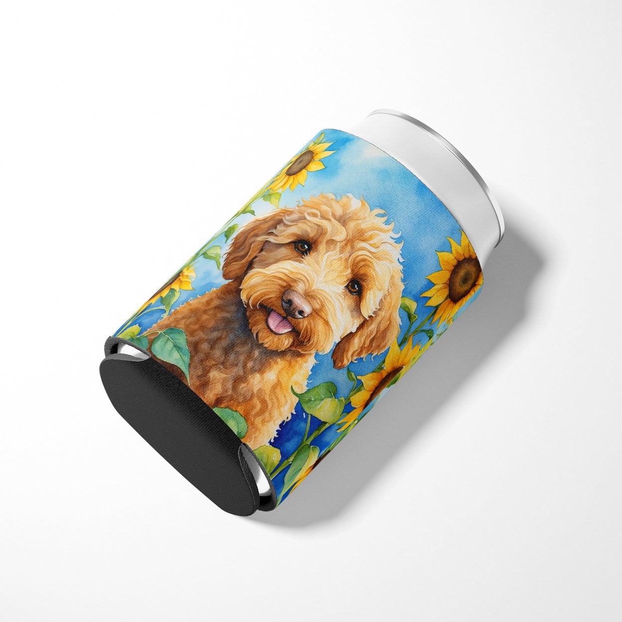 Labradoodle in Sunflowers Can or Bottle Hugger 3 in x 5 in