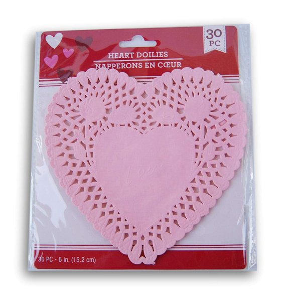 Valentine's Day Decorative Heart-Shaped Paper Doilies - 6 Inches Across - 30 Piece (Pink)