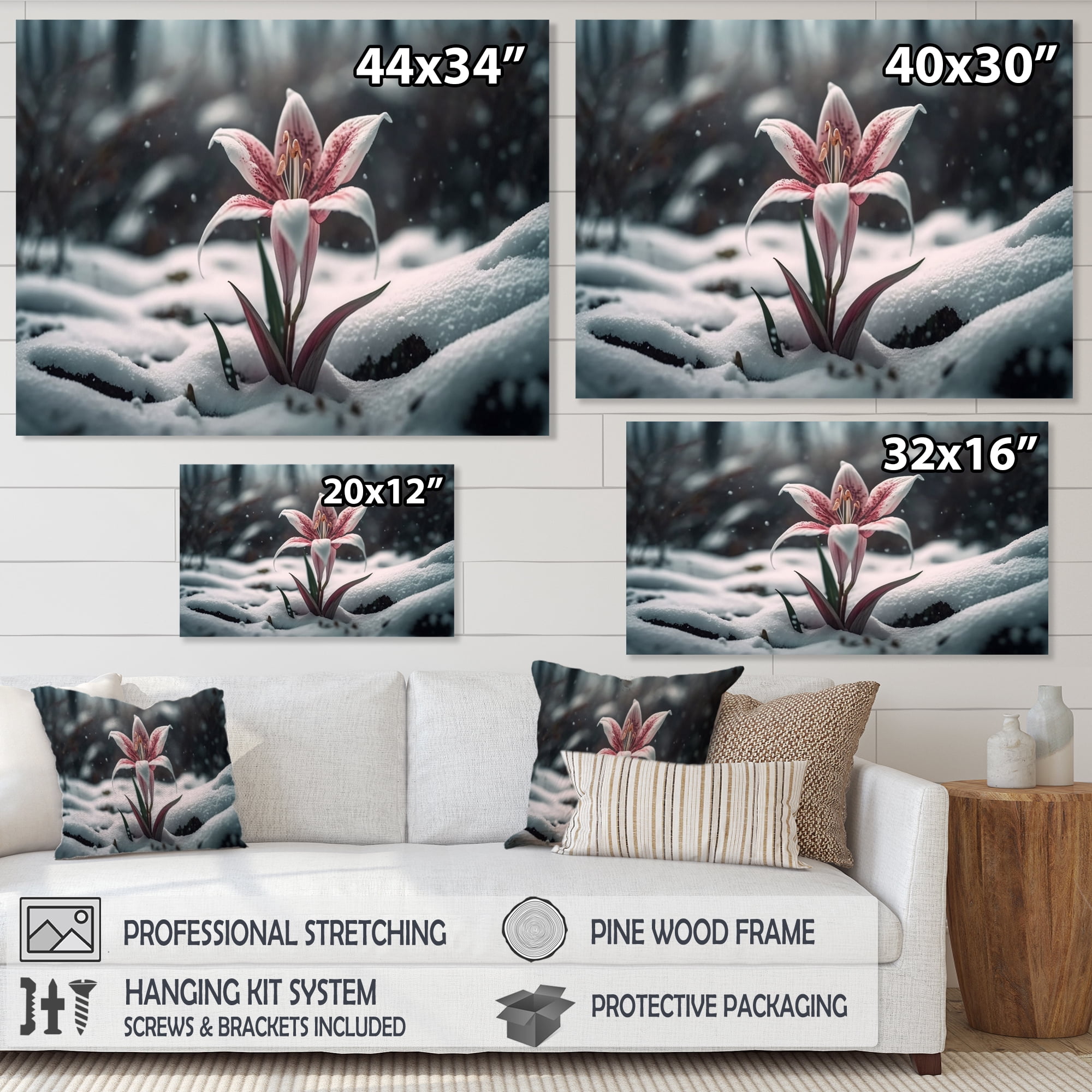 Designart A Blooming White And Pink Lily Flower In Winter Canvas Wall Art
