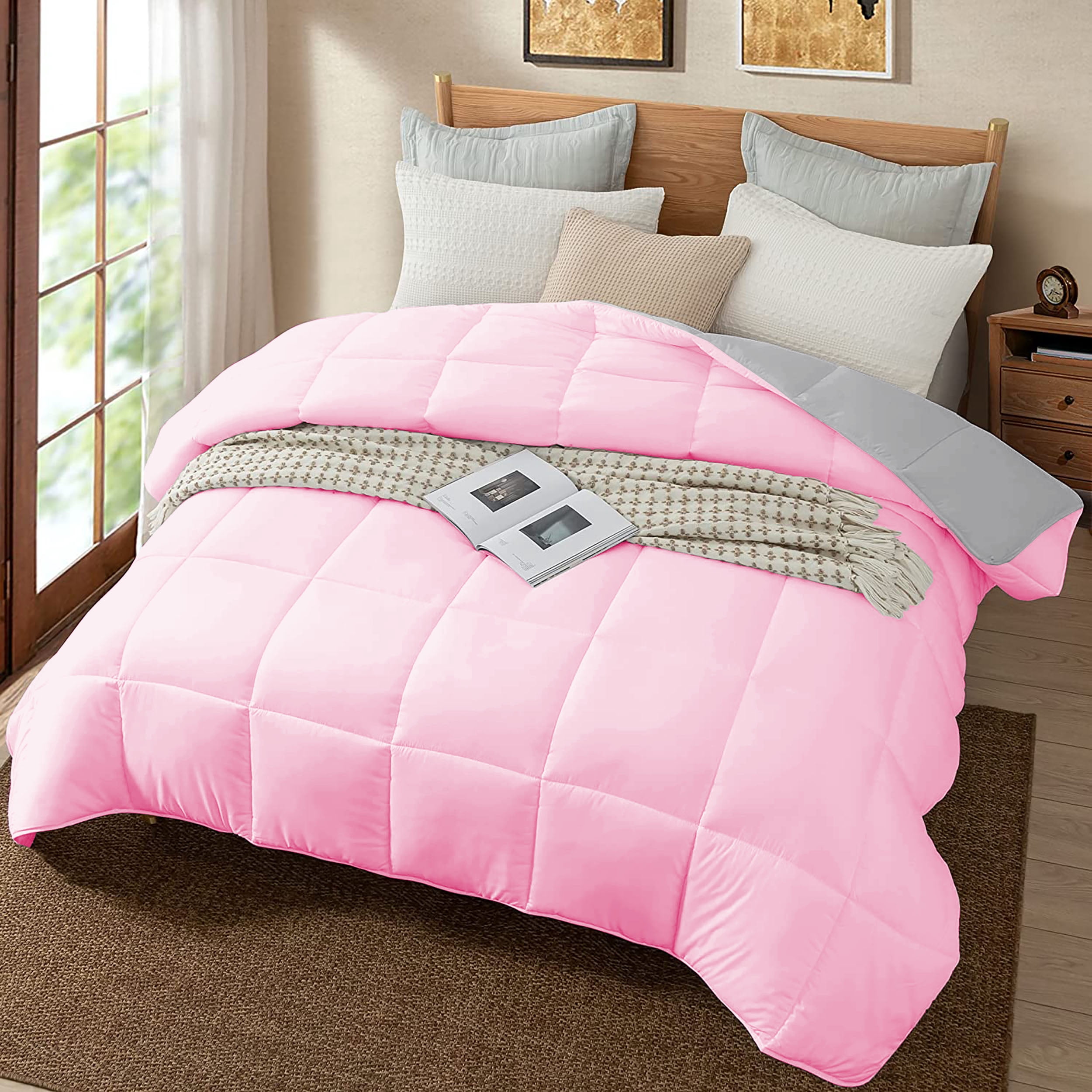 All Season Comforter Twin Size, Duvet Insert, Quilted Comforter with Corner Tabs, Duvet Lightweight Quilt, Down Alternative Hotel Comforter Twin Size 68X90 Baby Pink/Silver Gray