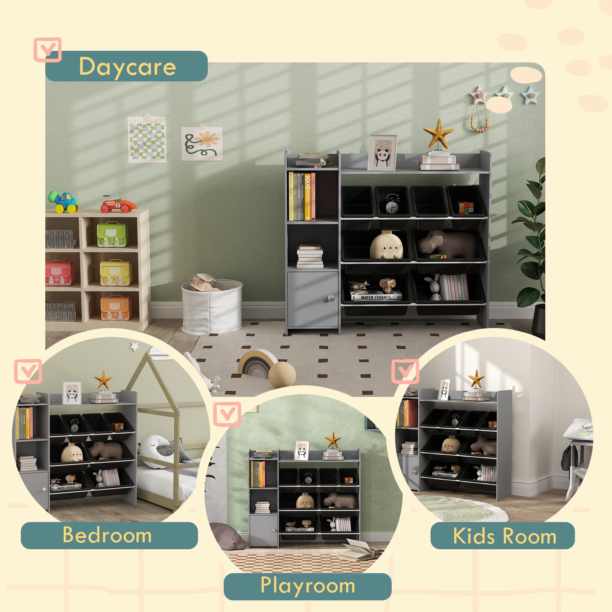 Qaba Toy Storage Organizer, Toy Organizer with 8 Bins, 2 Storage Cubbies, Shelf, Drawer, for Kids Room, Playroom, Nursery, Gray