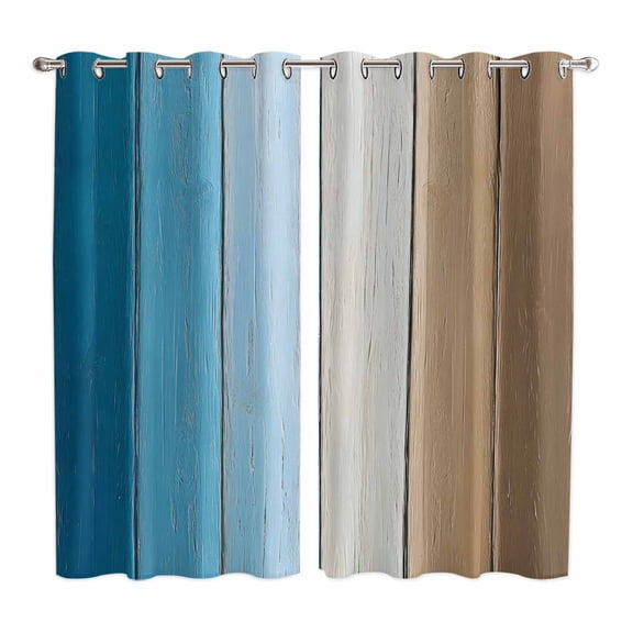 Blue Brown Ombre Kitchen Curtains 63 Inch Length, Vintage Country Wooden Grommet Top Bedroom Living Room Curtains, Light Filtering Cafe Curtain Drapes 2 Panels Set 84''x63''