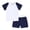 Navy, variant on Wdgfv Unisex Kids 2 Piece Summer Loungewear Set, Rainbow Striped Collar Short Sleeve Polo Shirt & Elastic Waist Navy Pocket Shorts 9-12 Months