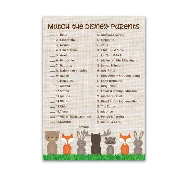 WOODLAND ANIMALS Baby Shower Games CARTOON PARENT MATCH Baby Shower Game — Set of 25 — Country Rustic GENDER NEUTRAL Match Famous Parents Fun Shower Activity Star Kids Match Game G601-DPM
