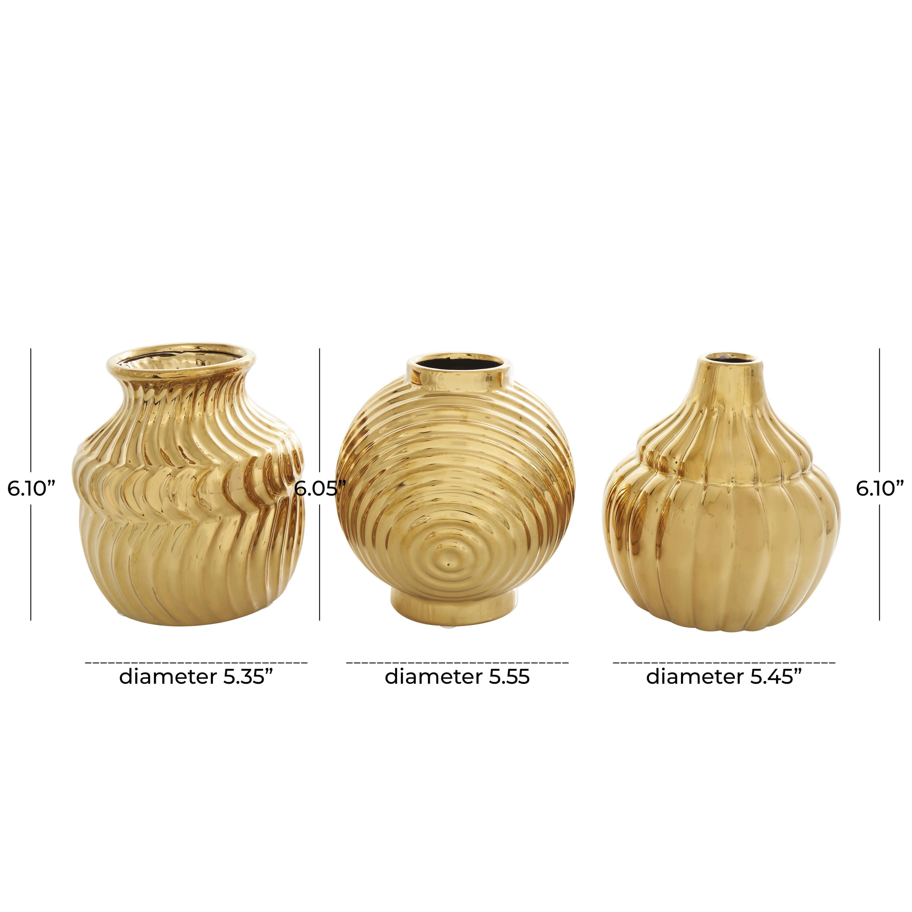 DecMode 5"W, 6"H Abstract Small Textured Gold Ceramic Vase with Varying Shapes and Patterns, Set of 3