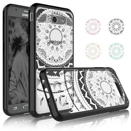 Pattern Hard Case Galaxy J7 Perx Case, Galaxy J7 Sky Pro / Halo Case, Njjex 2-Piece Retro Flower Pattern Slim Transparent Scratch Resistant Hard Case Cover For Samsung Galaxy J7 V / J7 2017 Release -Black ()