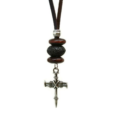 Religious Leather Pendant - Nailed Cross Religious Mens Essential Oil Diffuser Leather Cord Necklace