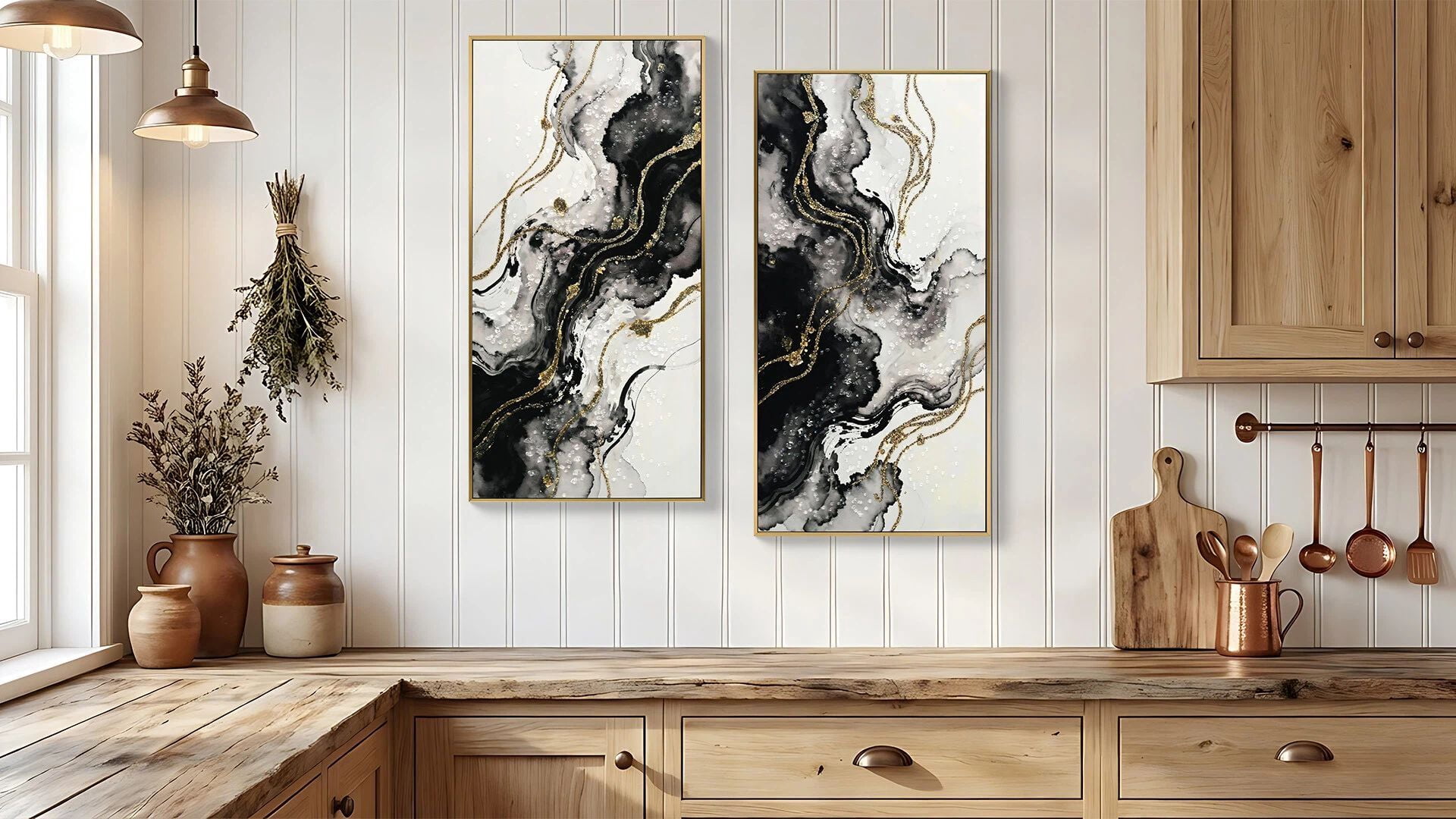 Euroco Modern Minimalist Abstract Wall Art Set of 2, Large Framed Canvas Prints Paintings Wall Decor, Black Gold Pictures for Hallway Office,20x40In