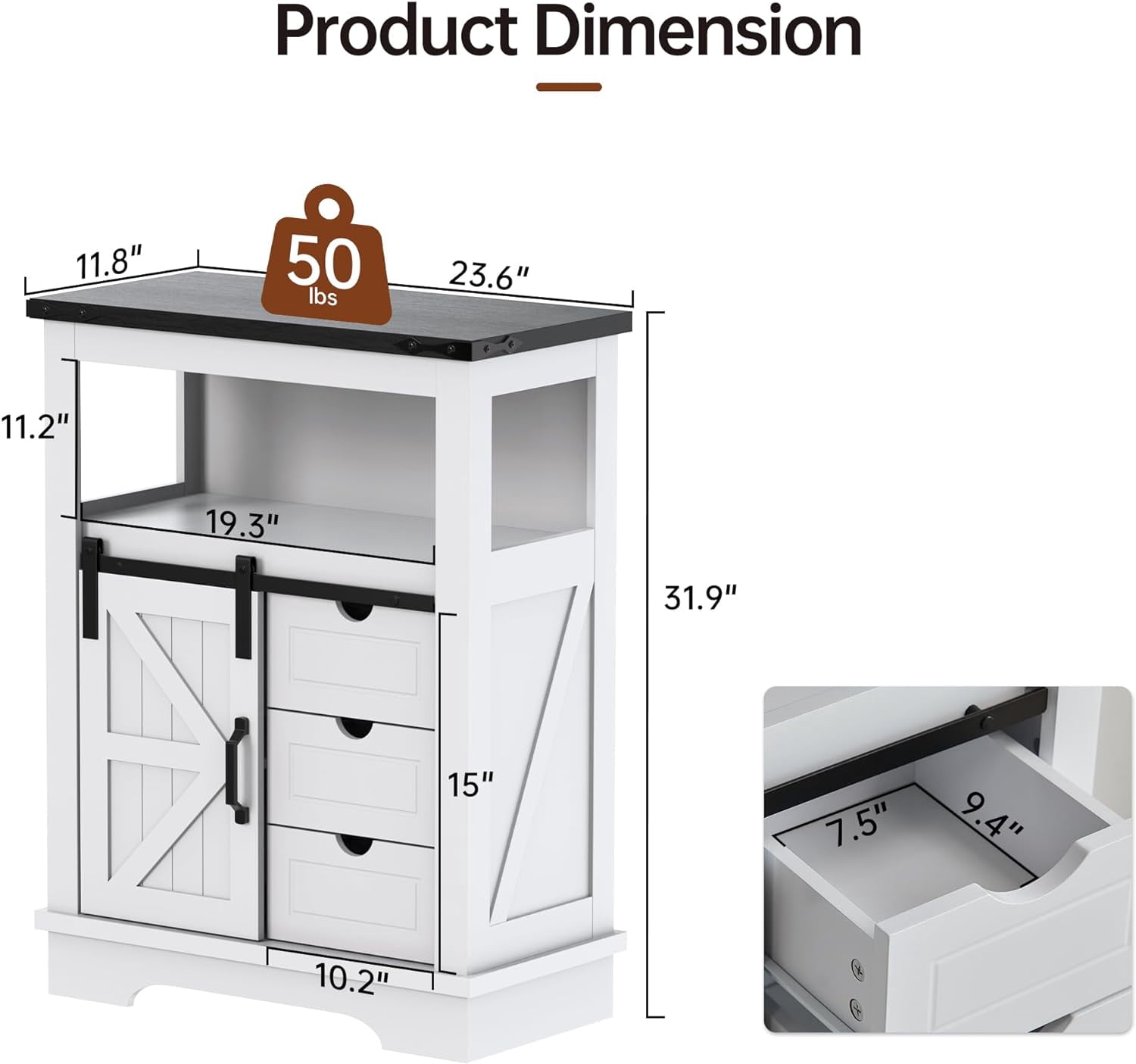 JINSEED Bathroom Floor Cabinet,Farmhouse Storage Cabinet w/ Sliding Barn Door&Storage Drawers,White