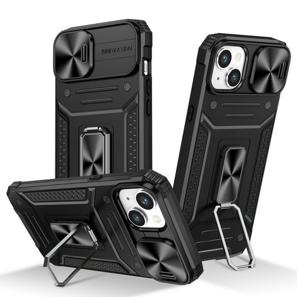for iPhone 13 Armor Case Stand, [Built in Kickstand & Slide Camera Cover] Military Grade Drop Protection Shockproof Hard PC Heavy Duty Bumper Phone Case For iPhone 13, Black