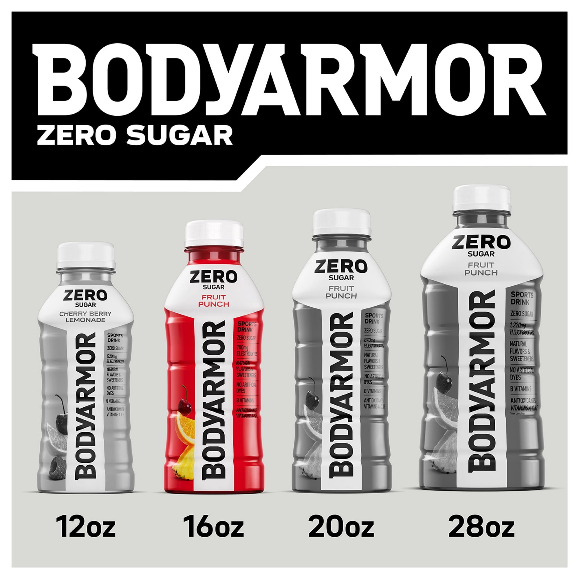 BODYARMOR Zero Sugar Fruit Punch Electrolyte Sports Drink, 16 fl oz, 4 Pack Bottles