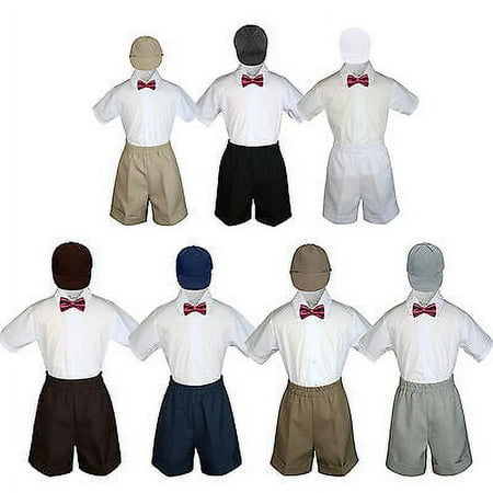 

4pc Set Boy Toddler Formal Burgundy Bow Tie White Navy Khaki Shorts + Hat S-4T