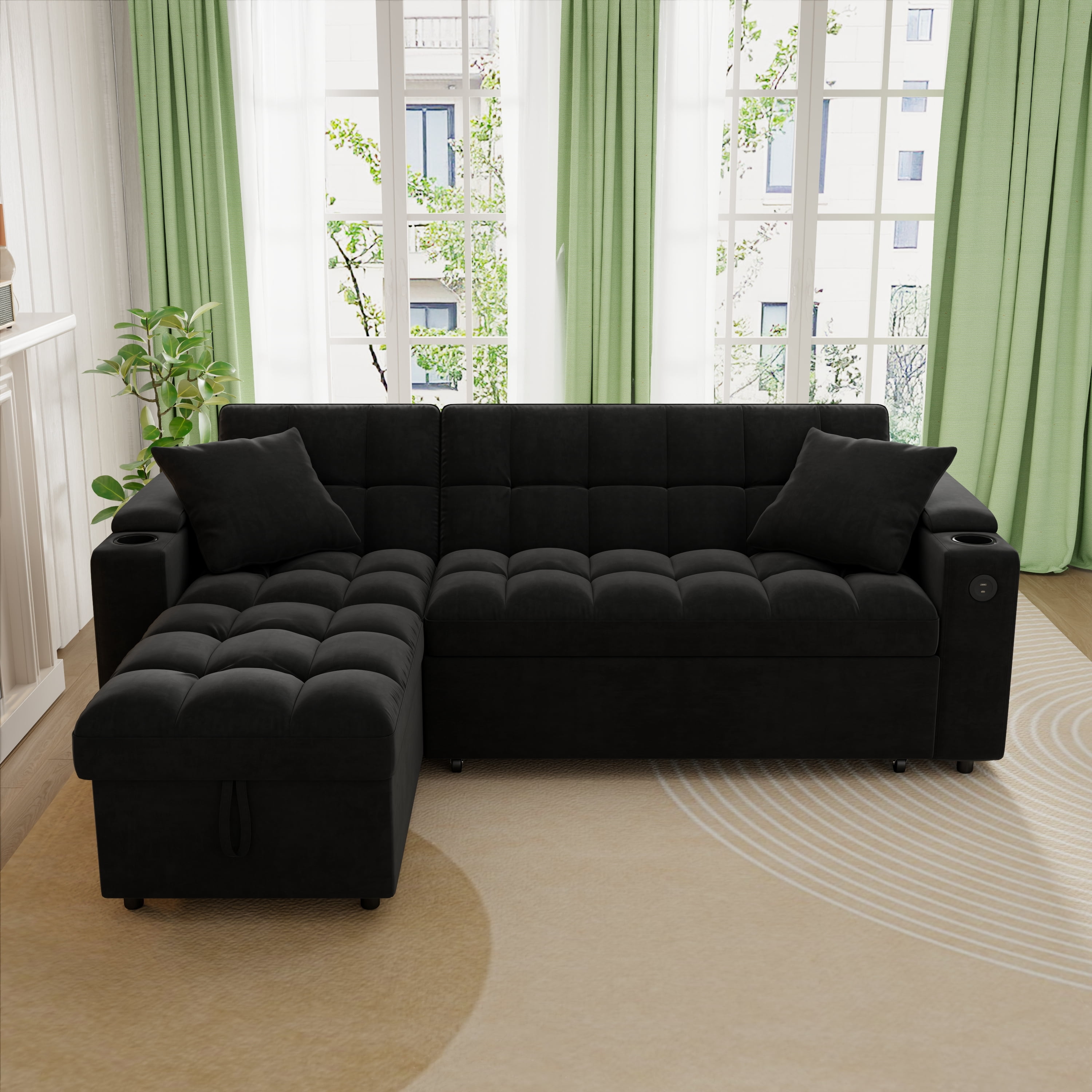 Muumblus Queen Size Convertible Sectional Sleeper Sofa with Storage & USB, Adjustable Backrest, Reversible L-Shaped Pull Out Couch Bed for Living Room, Guest Room, Black Velvet