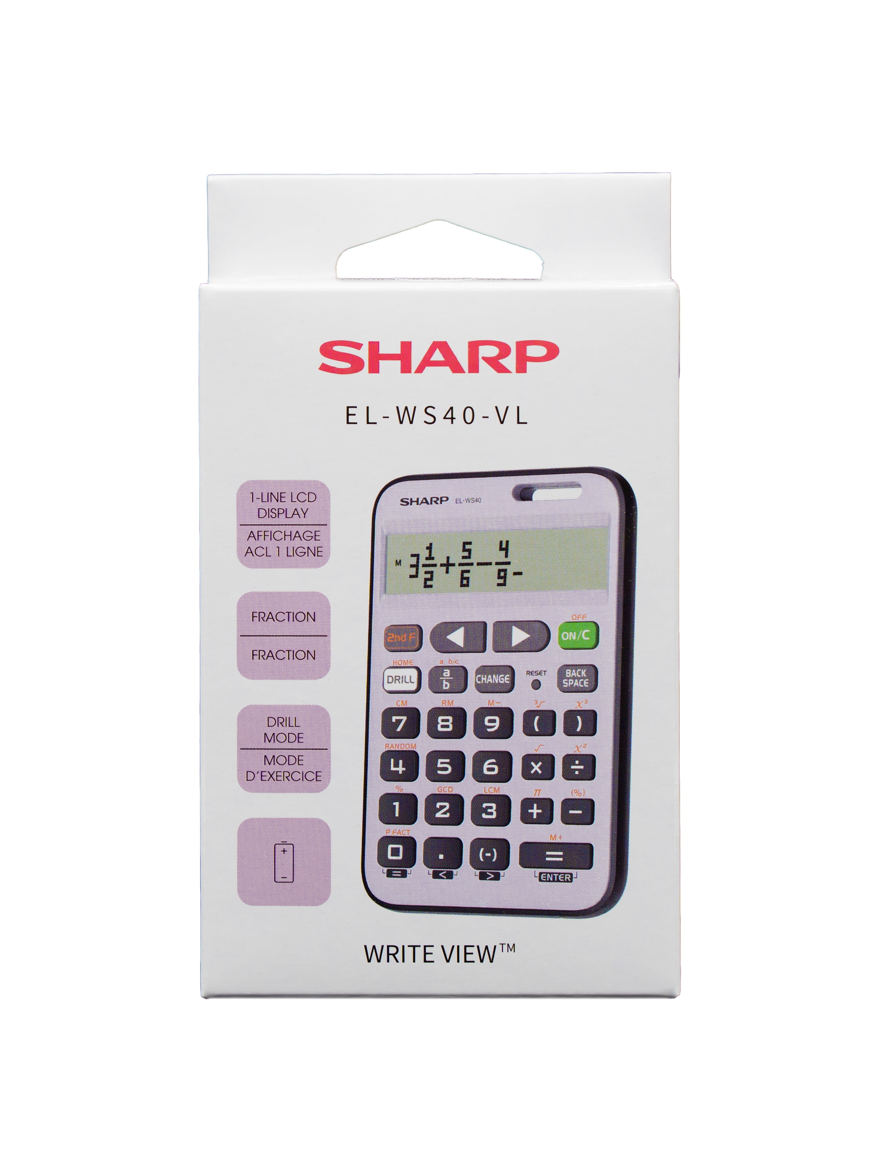 Sharp ELWS40VL WriteView Scientific Calculator for Grades 5–8, 10-Digit Display, Fractions & Drill Functions, Entry-Level School Calculator with Lanyard Hole (Violet), Twin Power Solar/Battery