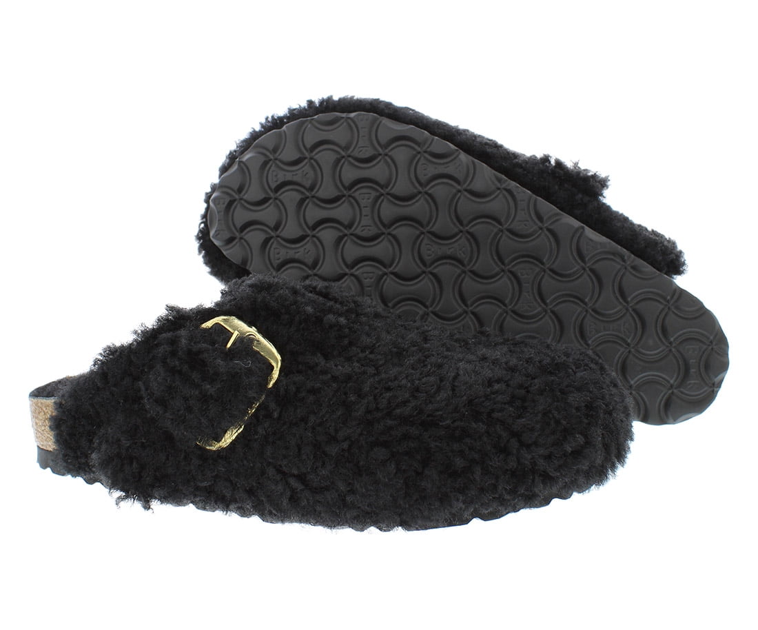 Birkenstock Boston Big Buckle Teddy Rivet logo OS Shearling Fur Narrow Unisex Shoes Size 5, Color: Black/Gold