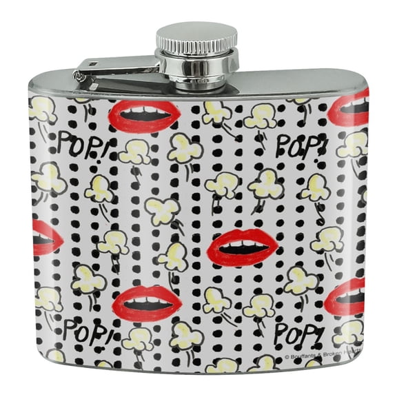 Pop Goes the Popcorn Mouths Lips Pattern Stainless Steel 5oz Hip Drink Kidney Flask