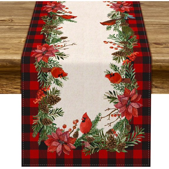 Rdsfhsp Christmas Cardinal Linen Table Runner Buffalo Plaid Check Poinsettia Holly Xmas Winter Holiday Kitchen Dining Home Decorations 13" x 72"