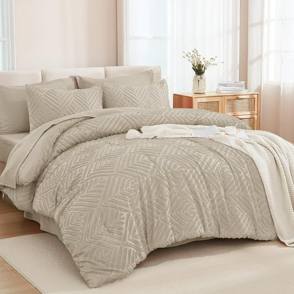 King Size Comforter Set 7 Pieces Oatmeal - Bed in a Bag King Boho Lightweight Fluffy Tufted Bedding Sets with Comforter, Sheets, Pillowcases & Shams