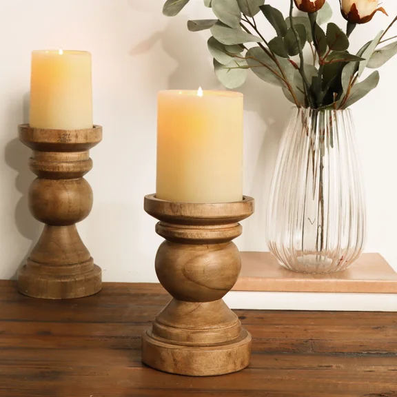 6" Decorative Wood Pillar Candle Holder Tabletop Indoor Home Natural Wood Finish