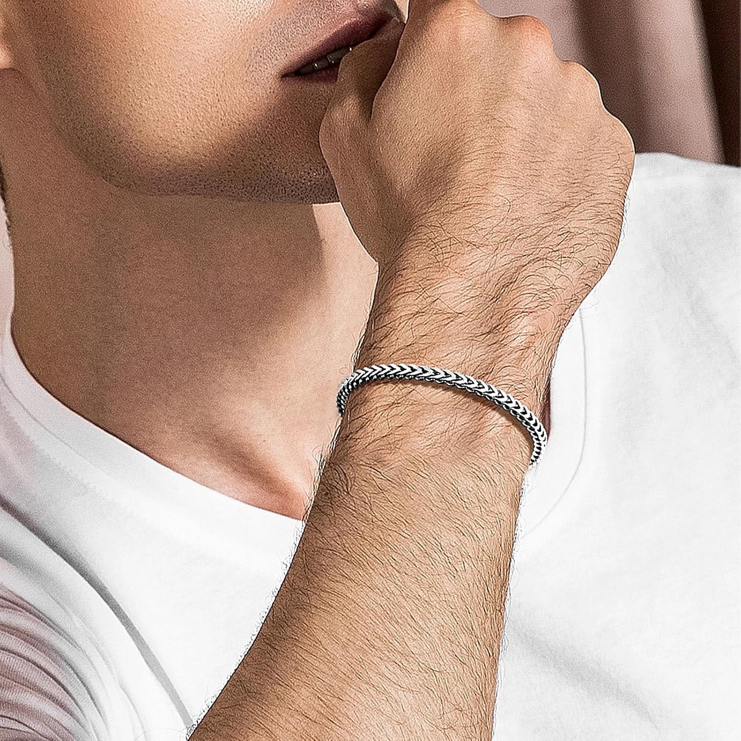 SanThree 4mm Solid Pure Titanium Link Bracelets for Men Women, Ultra Light 4-Side Square Keel Welded Shinny Twist Bracelet for Grandpa Father Boyfriend Valentines Birthday Gifts, 8.26”