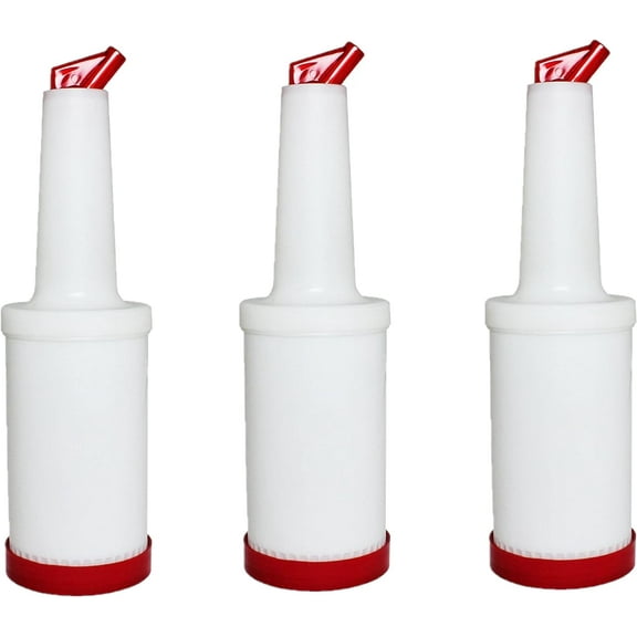 TrueCraftware- Set of 3 Red 1 qt Pour and Store Fruit Juice and Liquor Pour Bottles- Juice Pouring Bottle Containers Bar Pour Bottles Plastic Juice Pour Bottles Plastic Barware for Bars & Event