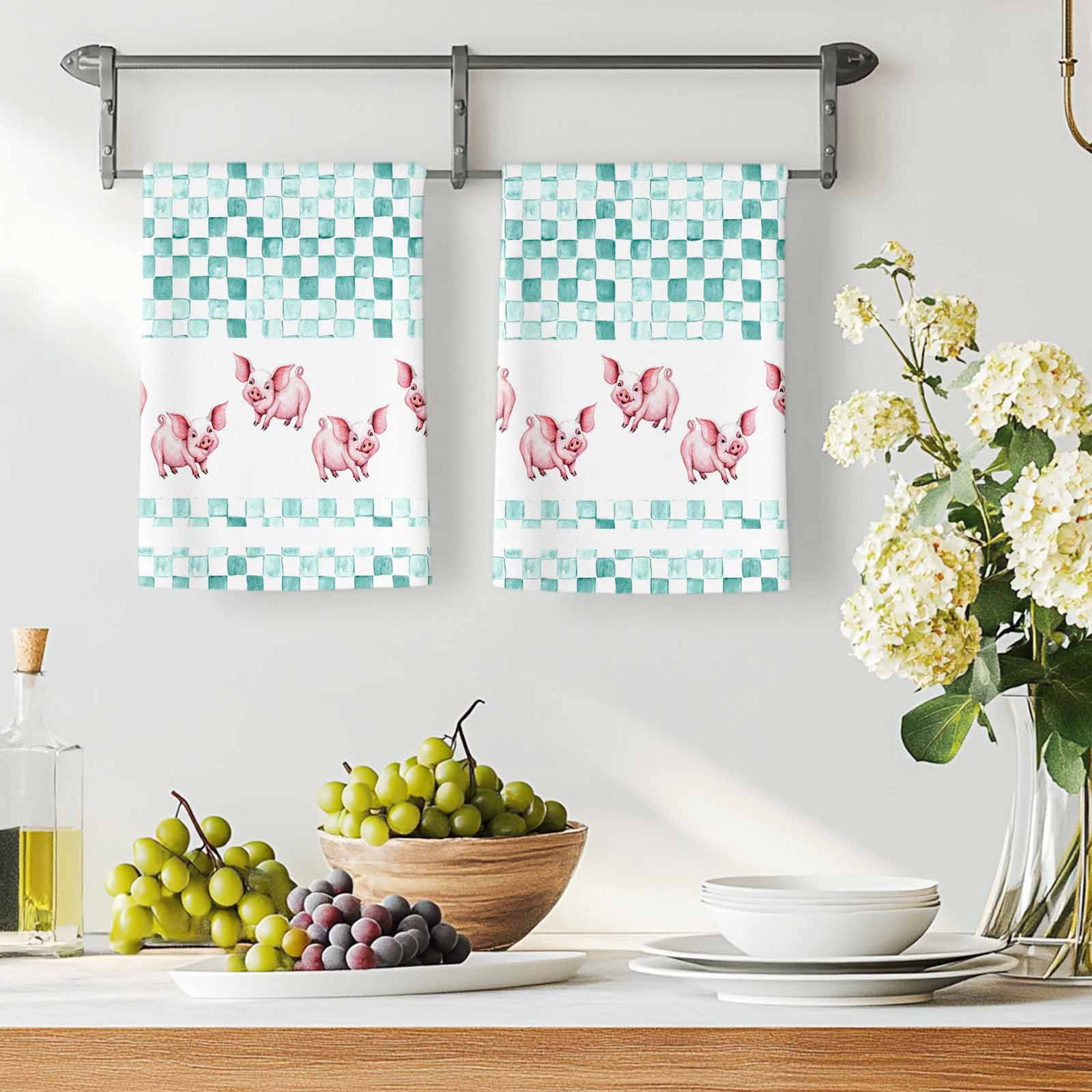Green Plaid Farmhouse Kitchen Towels Set of 1, Watercolor Cute Country Pigs Checkered Absorbent Dish Towels for Kitchen, Microfiber Hand Towel, Quick Drying Tea Towel for Cleaning Dishcloths