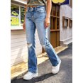 thumbnail image 4 of Women's High Waisted Ripped Straight Leg Denim Jeans, Light Blue Washed, with Distressed Knee Hole and Double Button Fly, Frayed Hem Long Pants, 4 of 7