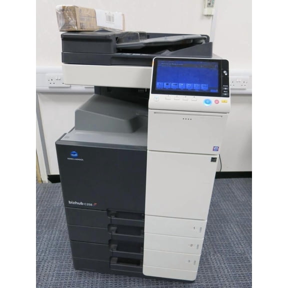 Konica Minolta BizHub C258 Color Multifunction Copier – 25 ppm Color & B/W, 2 Trays, Auto Document Feeder, Duplex, Cabinet Included