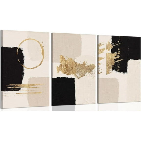Black and Gold Abstract Wall Art Modern Minimalist Posters Prints Neutral Abstract Pictures Painting Wall Decor for Living Room Bedroom Office Decoration(Only canvas)