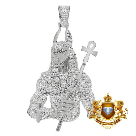 Real Diamond Egyptian God Anubis Ankh Cross Pharaoh Charm 10K White Gold Over Pendent