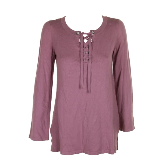 Style & Co Womens Tender Mauve Long-Sleeve Lace-Up Tunic Crew Neck Sweater XS