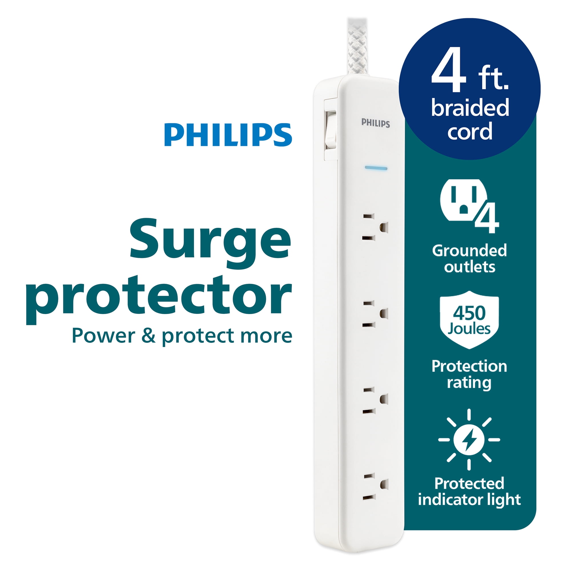 Philips Surge Protector Power Strip, 4 Ft Braided Extension Cord, 4 Outlet Extender (Wide Spaced), 450 Joules, On Off Switch, ETL Safety Listed, White