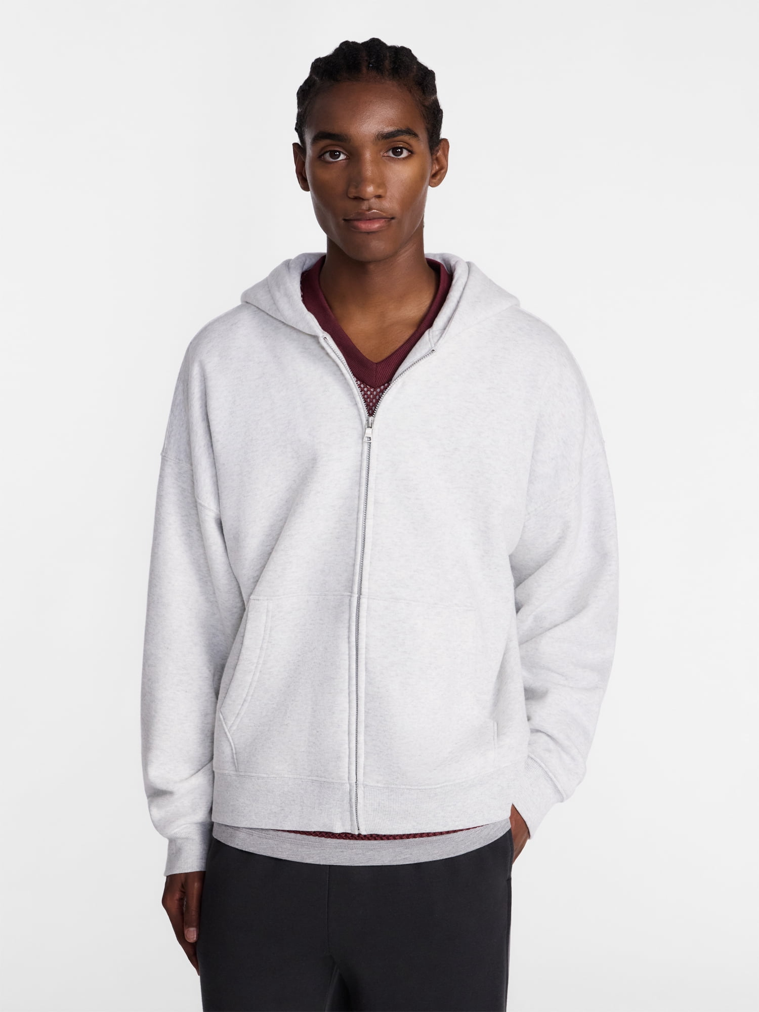No Boundaries Boxy Oversized Fit Fleece Zip Hoodie Sweatshirt with Long Sleeves, Men's XS-4XLT