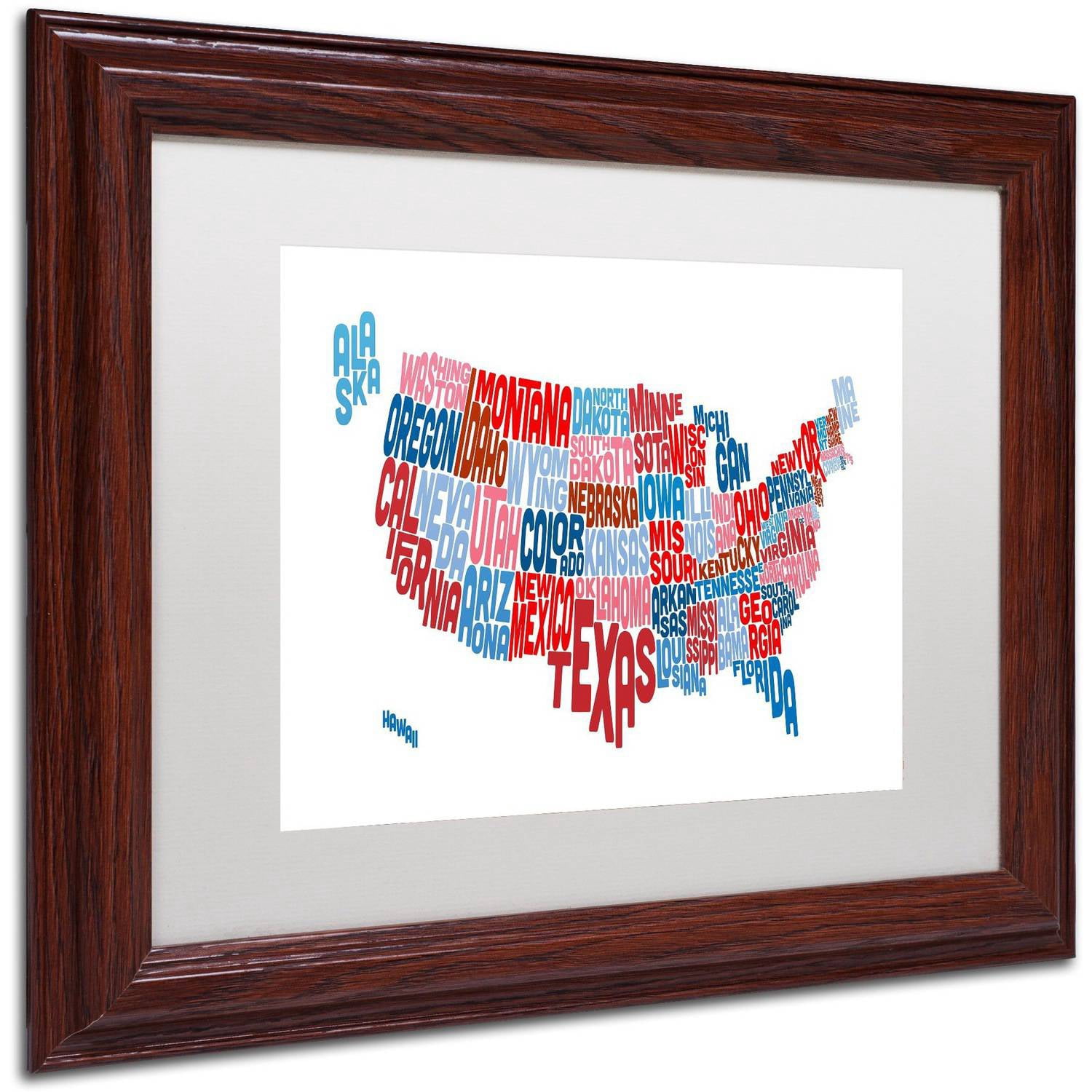 Trademark Fine Art 'United States Typography Text Map' Canvas Art by Michael Tompsett, White Matte, Wood Frame