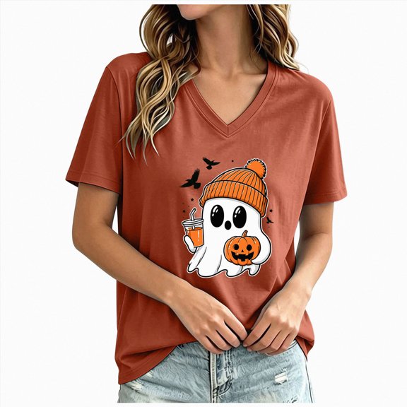 mgoYE Halloween Tshirts for Women Plus Size Ghost Reading T-Shirt Spooky Season Halloween Graphic Tops Shirt Womens L
