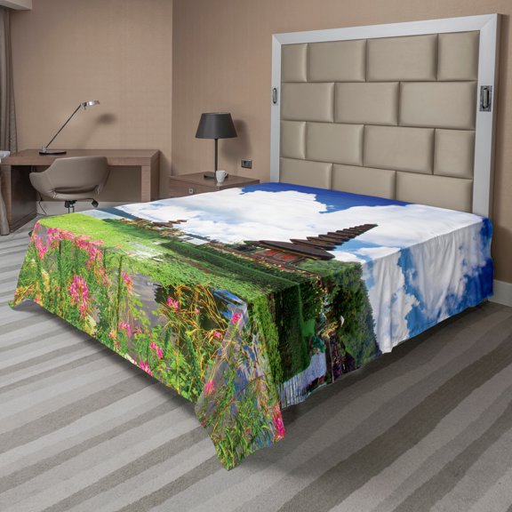 Ambesonne Exotic Flat Sheet, Bali Tropic Flowers Sea, Queen Size, Green Pink Blue