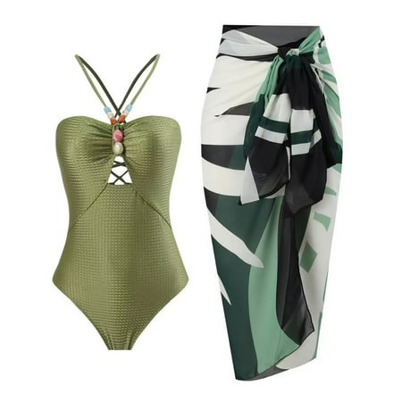Stephy Women Casual Abstract Floral Print 1 Swimwear+1 Cover Up Two Vintage Print Swimsuit Monokini Bikini 2 Swimsuits Two  Green Women s Two Piece Swimsuits  L