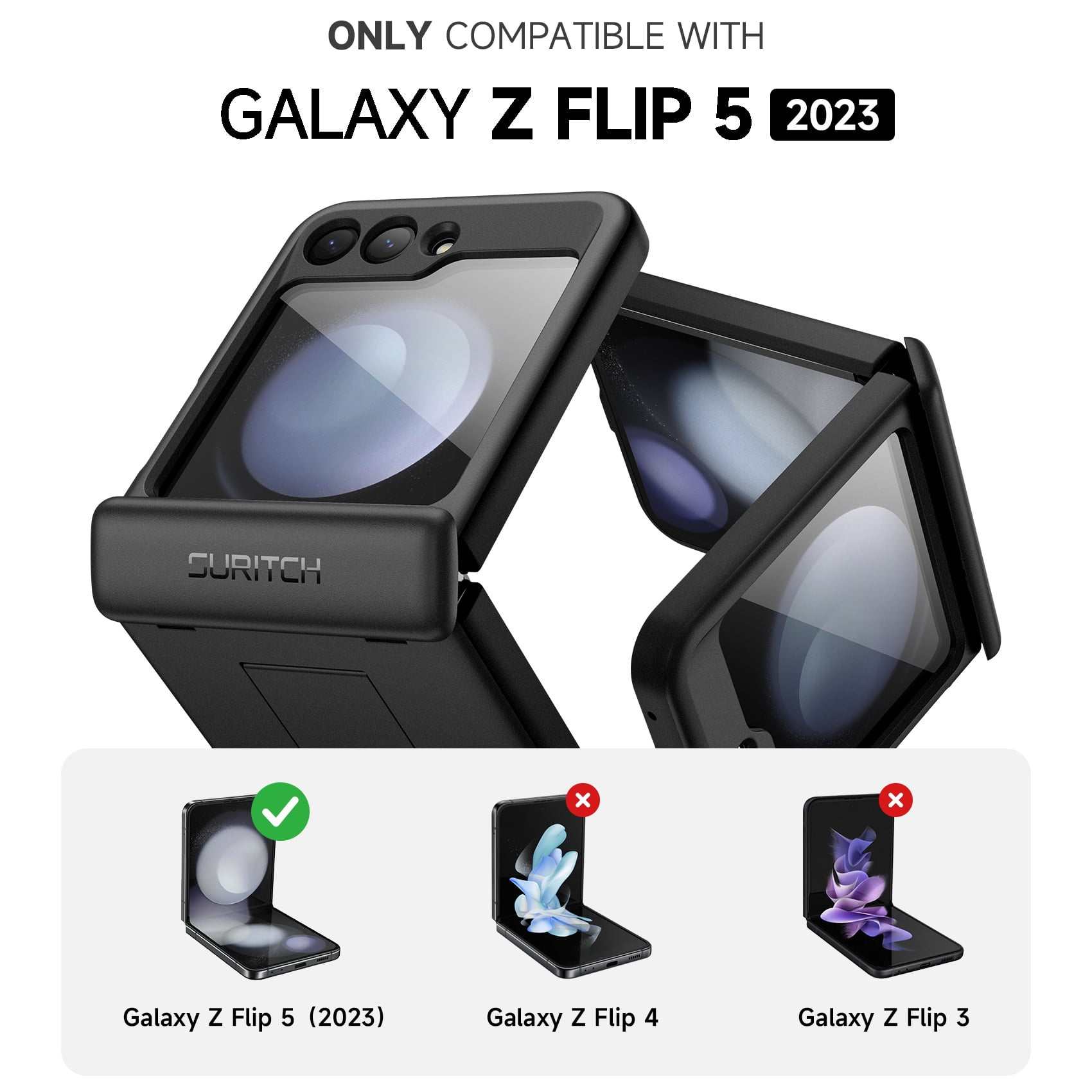 Suritch Cell Phone Case for Samsung Galaxy Z Flip 5 with Screen Protector and Kickstand, Black