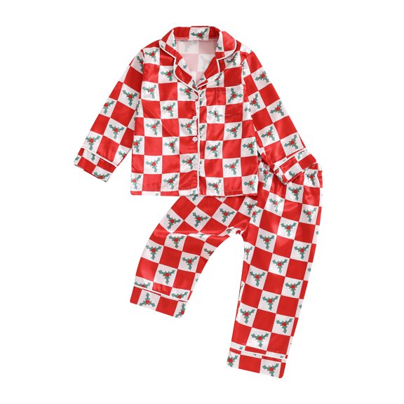 Cjfdfy Toddler Baby Girl Boy Christmas Silk Stain Pajamas Set Kids Girls PJS Set Sleepwear Fall Winter Clothes Santa Tree Bow Print Long Sleeve Button Down Shirt with Long Pants Set Loungewear 1-5Y
