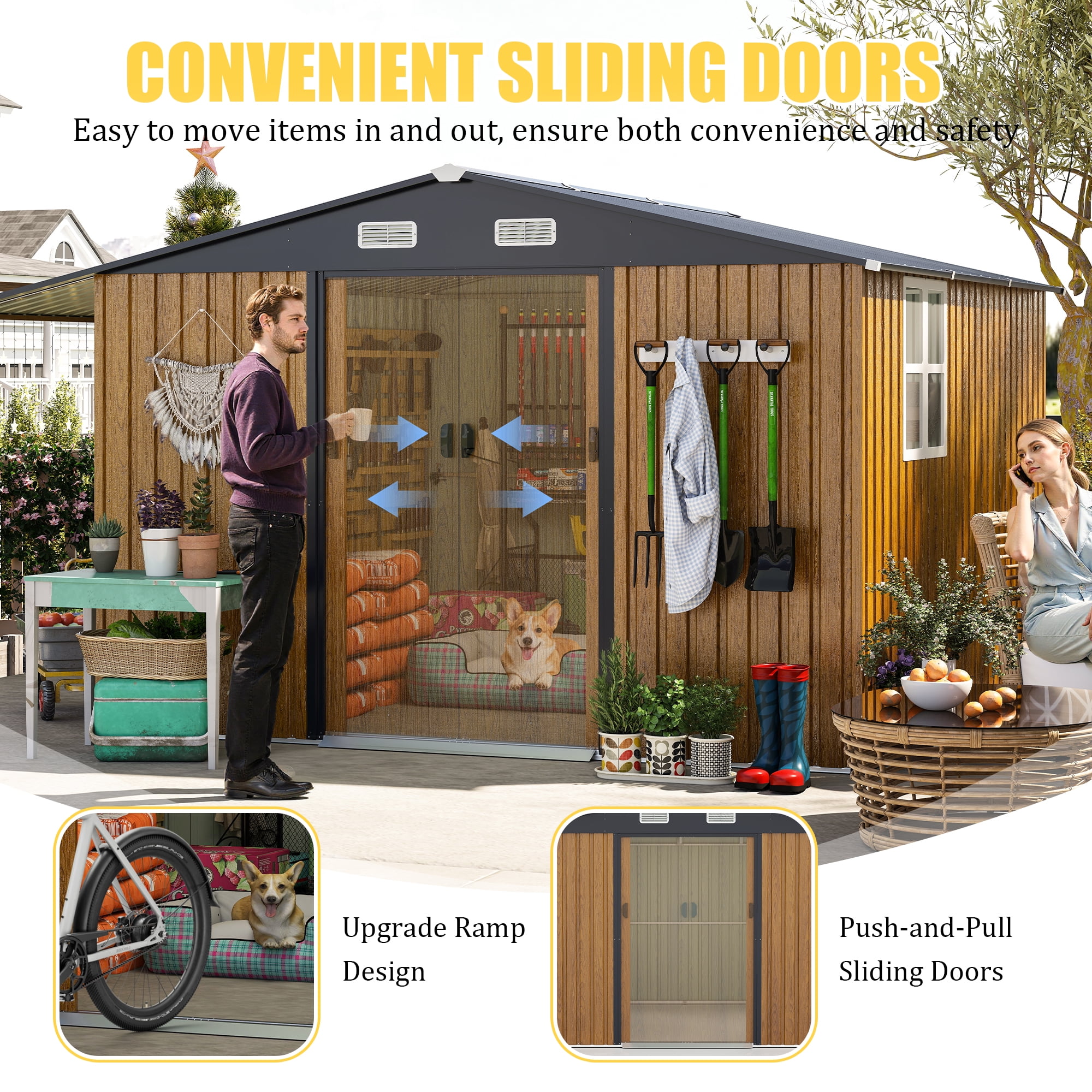 10x12 FT Outdoor Storage Shed - Extra Large Metal Shed with Dual-Zone Design, Sliding Doors & Ramp, Lockable Steel Tiny House for Garden/Backyard, Firewood Storage & Chicken Coops (Yellow)